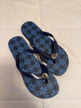Tory Burch Navy and Light Blue Logo Flip Flops